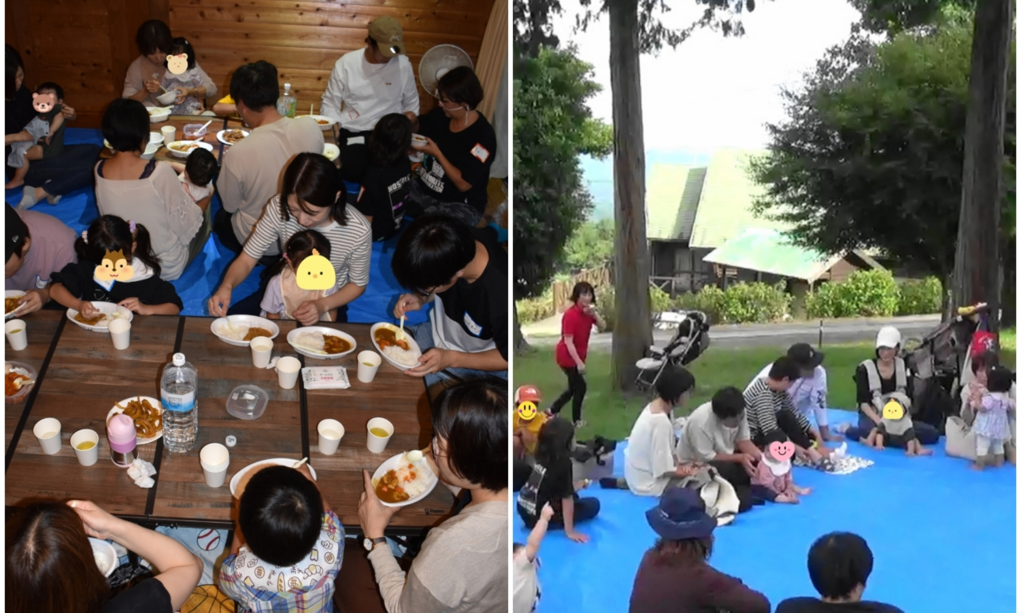 「プレス・ユー」の親子キャンプから。パパたちが作ったカレーライスを食べ（左）、青空の下、親子で交流を深めた＝写真の一部を加工しています
